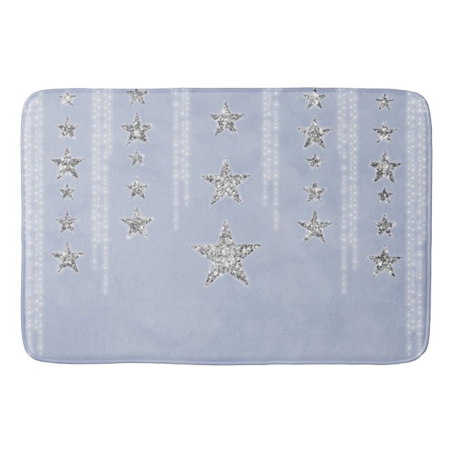 Baby Blue & Silver Glitter Stjärnor Gnistra Glam Badrumsmatta (Framsidan)