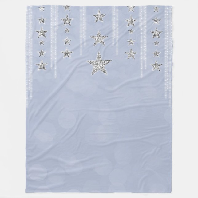 Baby Blue & Silver Glitter Stjärnor Gnistrande Gla Fleecefilt (Framsidan)