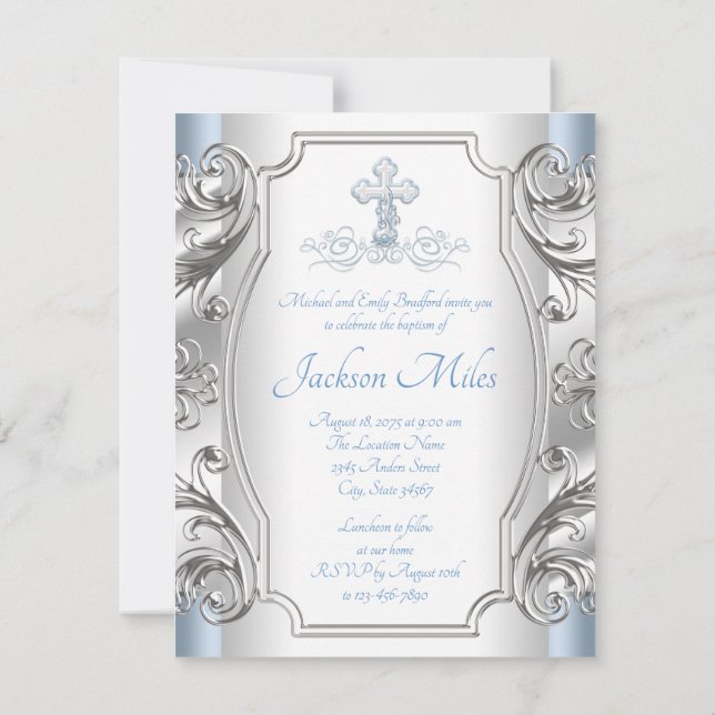 Baby blue Silver-Kor-baptism Christening Inbjudningar (Baksida)