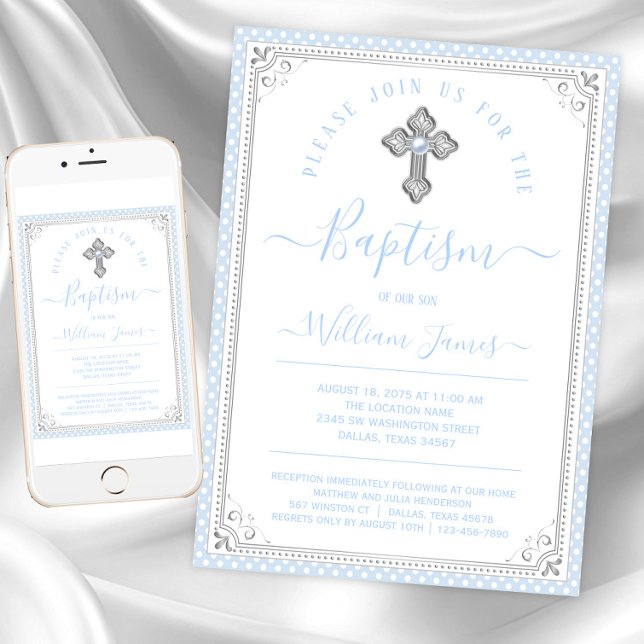 Baby Blue Silver Pojke Dop Inbjudningar (Baby blue silver baptism invitations. Instant download and printed invitations available.)