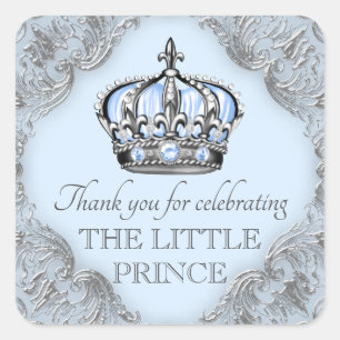 Baby Blue Silver Prince Baby Shower-klistermärken Fyrkantigt Klistermärke