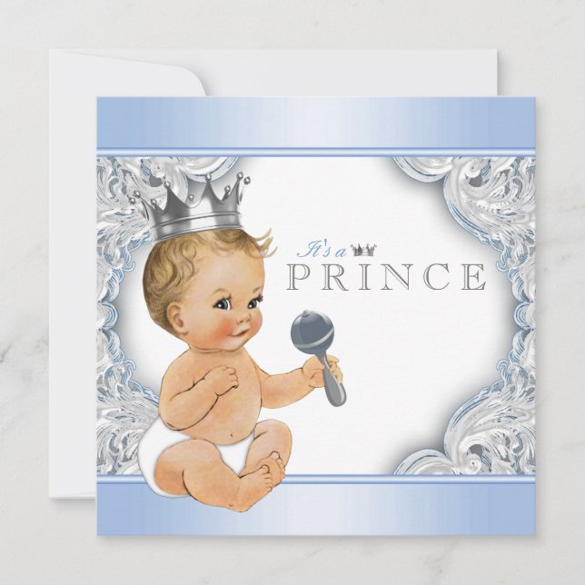 Baby Blue Silver prins baby shower Inbjudningar (Framsida)