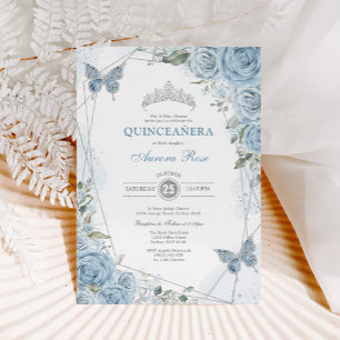Baby blue Silver Quinceañera Butterfly Geometric Inbjudningar