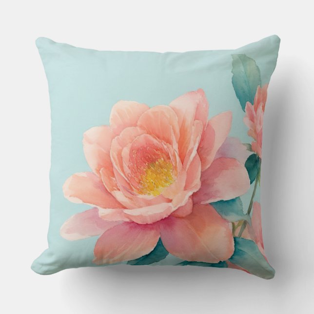 Baby blue, skalbar och Rosa Blommigt Vattenfärg Kudde (Framsida)