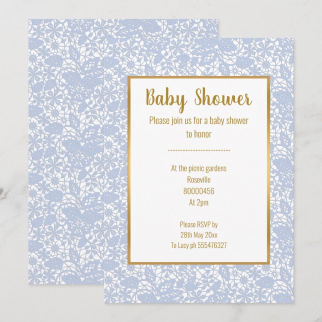 BABY BLUE SNÖRE GULD TRIM ELEGANT BABY SHOWER INBJUDNINGAR (Fram/baksida)