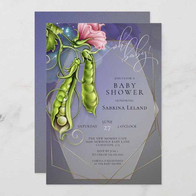 Baby blue - Söta ärter i en Pod babyskal Inbjudningar (Fram/baksida)