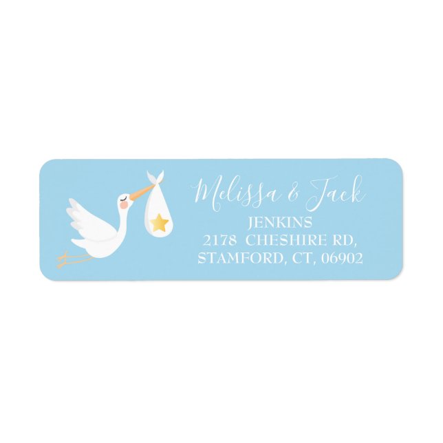 Baby Blue Specialleverans Stork Returadress Etikett (Framsidan)