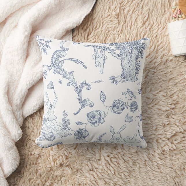 Baby blue Toile Bunny Rabbit Playground Kudde (Filt)
