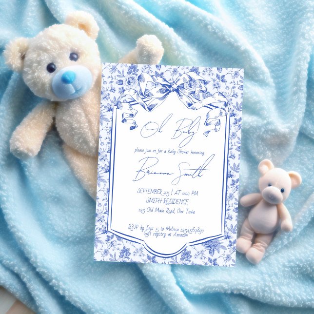 Baby blue toile de jouy sketch babydusch inbjudningar (Oh baby blue toile de jouy ribbon bow sketch baby shower invitation template)