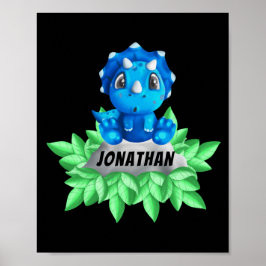 Baby blue Triceratops Dinosaur Black Poster