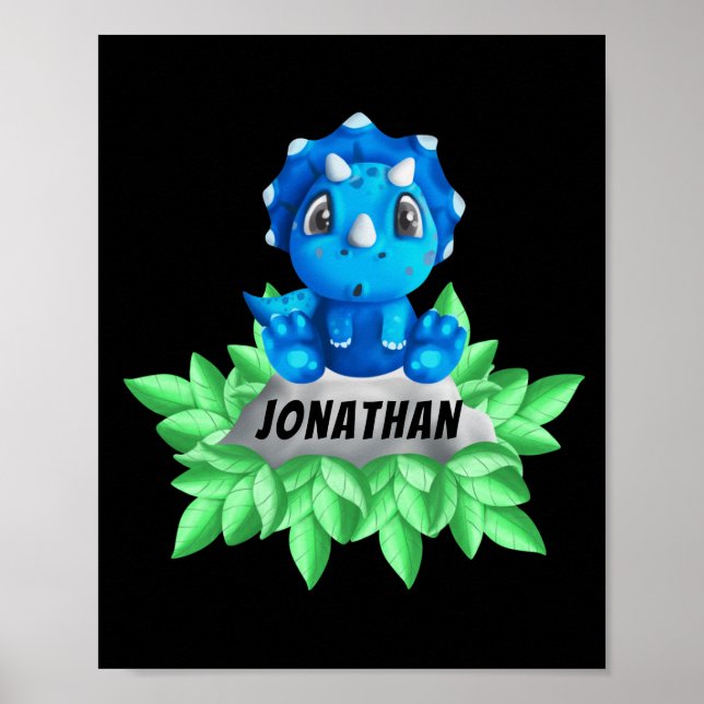 Baby blue Triceratops Dinosaur Black Poster (Framsidan)