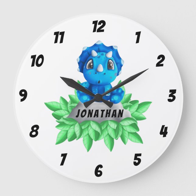 Baby blue Triceratops Dinosaur Large Clock Stor Klocka (Framsida)