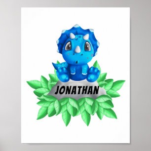 Baby blue Triceratops Dinosaur White Poster