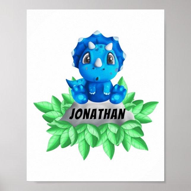 Baby blue Triceratops Dinosaur White Poster (Framsidan)