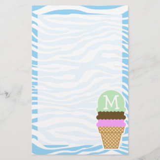 Baby blue utskrift av Ice Cream Zebra Animal Brevpapper