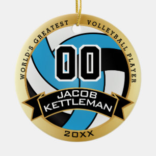Baby blue världsmästarevolleybollspelare julgransprydnad keramik