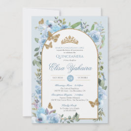 Baby blue vattenfärg Golden Butterfly Quinceanera Inbjudningar