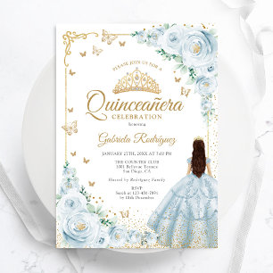 Baby blue vattenfärgen Ro Guld Quinceanera Inbjudningar