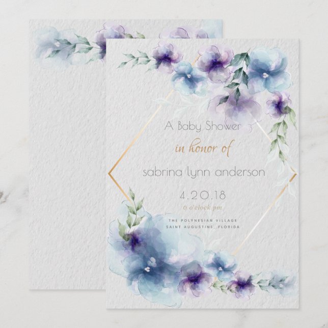 Baby blue-violetta genomskinliga vattenfärgsblommo inbjudningar (Fram/baksida)