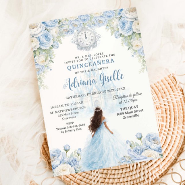 Baby Blue Vit Blommig Cinderella Quinceanera 15 Inbjudningar (Skapare uppladdad)
