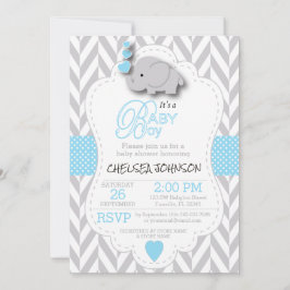 Baby blue, vit Grått Elephant 🐘 Baby Shower Inbjudningar