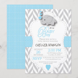 Baby blue, vit Grått Elephant 🐘 Baby Shower Inbjudningar