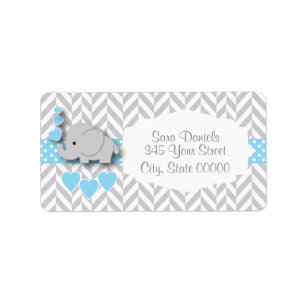 Baby blue, vit- och gråttelefantbaby shower adressetikett