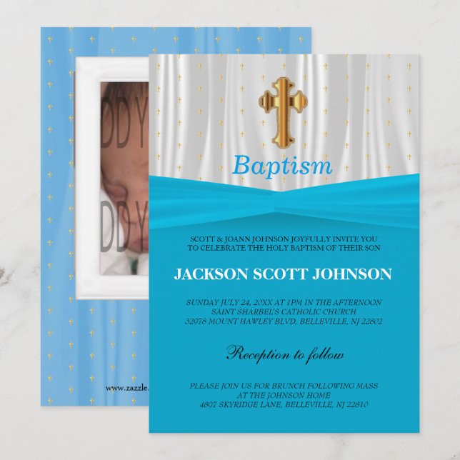 Baby Blue & Vit Satin Dopceremoni Inbjudningar (Fram/baksida)