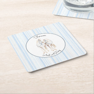Baby Blue Vita Hästar Ränder Bröllop Underlägg Papper Kvadrat