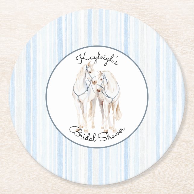 Baby Blue Vita Hästar Ränder Bröllopsdusch  Underlägg Papper Rund (Framsidan)