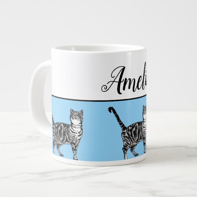 Baby blue vita Tabby katt-katter Whimsical Art Mug Jumbo Mugg (Framsida vänster)