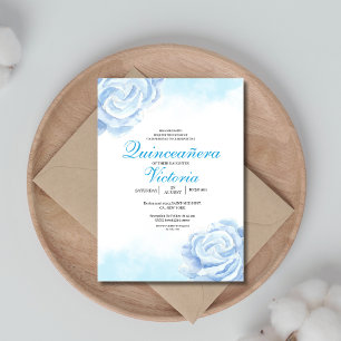 Baby blue Watercolor Blommigt ro Quinceanera Inbjudningar