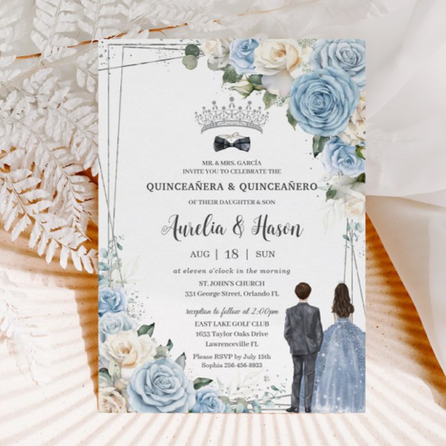 Baby blue White Blommigt Twillingars Boy Girl Quin Inbjudningar (baby blue white floral roses silver quinceanero quinceanera twins boy girl invitation cards download)