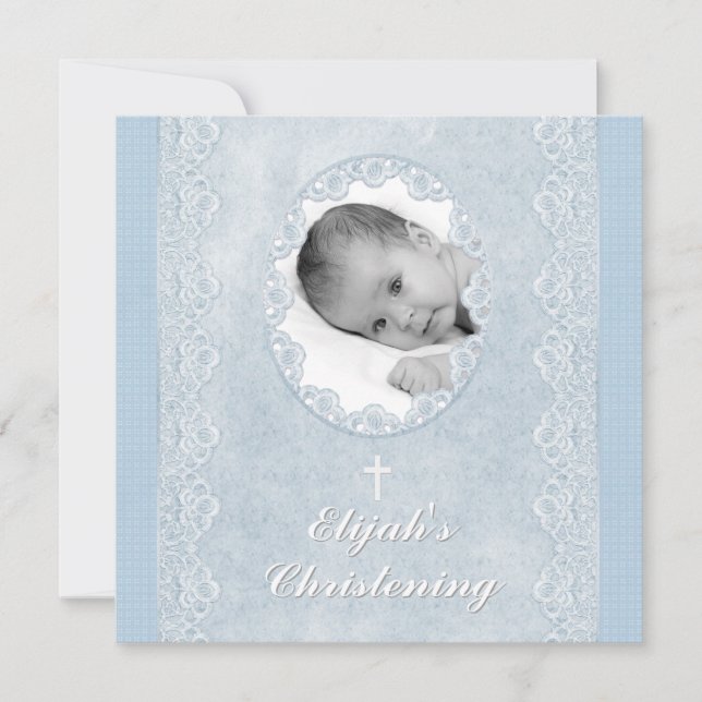 Baby blue White Boy Photo Baptism Christening Inbjudningar (Framsida)