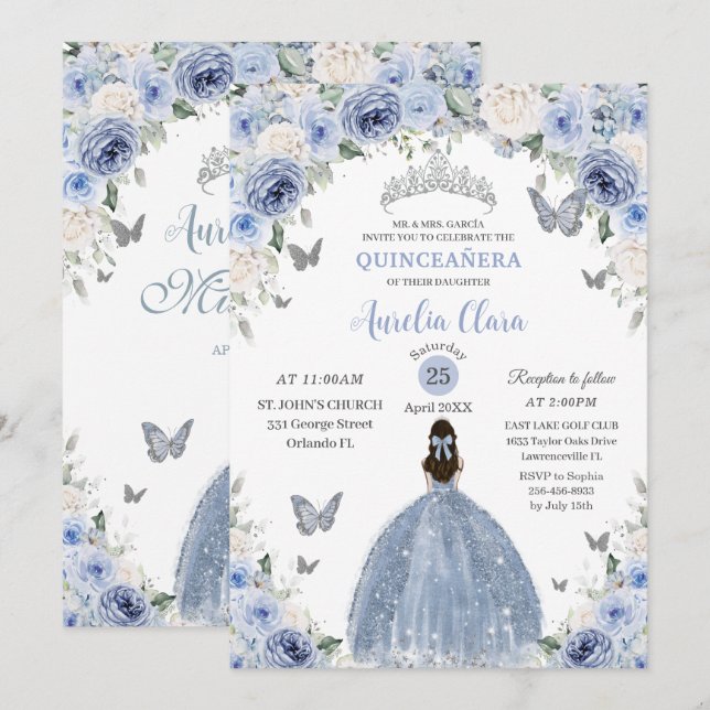 Baby Blue White Floral Princess Quinceañera XV 16 Inbjudningar (Fram/baksida)