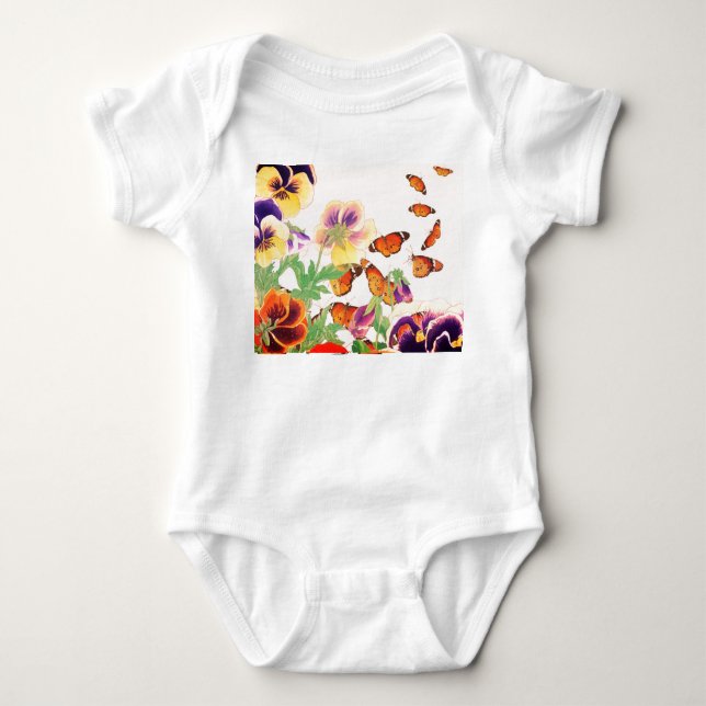 BABY BODYSUIT FOR GIRLS PANSIES AND BUTTERFLIES T SHIRT (Framsida)