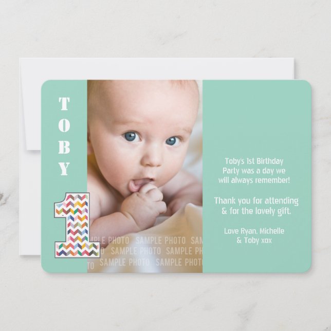 Baby Boy 1st Birthday One Thank You Photo Card Tack Kort (Framsida)