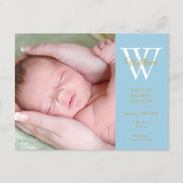 Baby Boy 4 Fotos Guld Skript Monogram Blå Födelse Meddelande Vykort (Framsida)