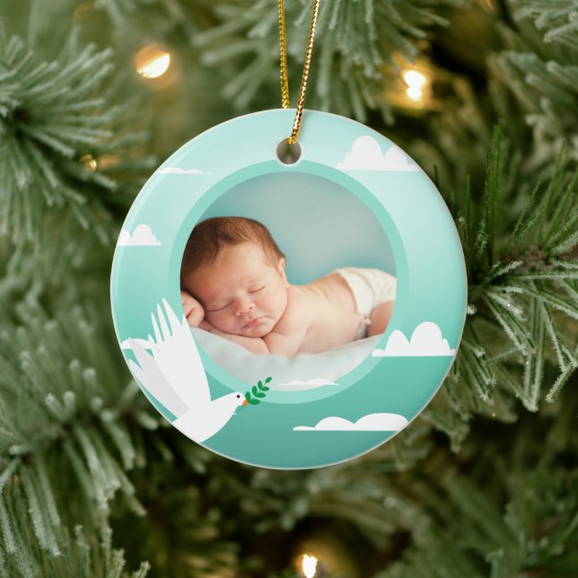 Baby Boy Baptism Dove Clouds Photo Frame Julgransprydnad Keramik (Träd)