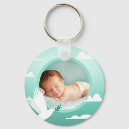 Baby Boy Baptism Dove Clouds Photo Frame Nyckelring
