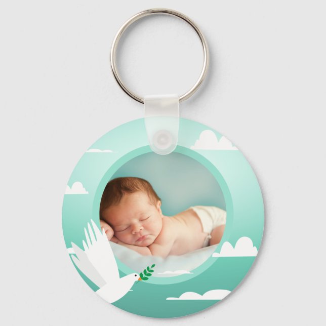 Baby Boy Baptism Dove Clouds Photo Frame Nyckelring (Framsida)