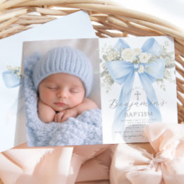 Baby Boy Baptism Photo Floral Eucalyptus Bow Inbjudningar