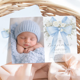 Baby Boy Baptism Photo Floral Eucalyptus Bow Inbjudningar