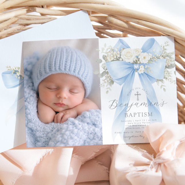 Baby Boy Baptism Photo Floral Eucalyptus Bow Inbjudningar (Skapare uppladdad)
