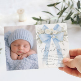 Baby Boy Baptism Photo Floral Thank you Card Inbjudningar