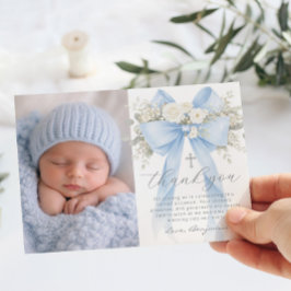 Baby Boy Baptism Photo Floral Thank you Card Inbjudningar