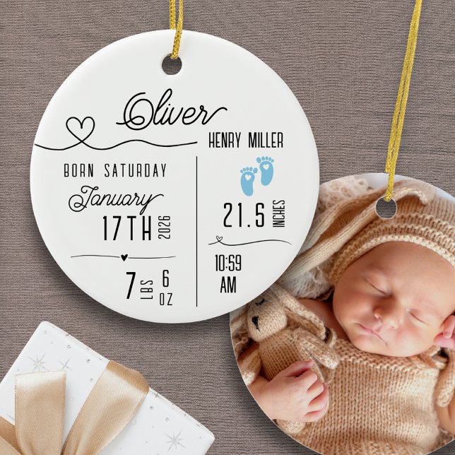 Baby Boy Birth Announcement Photo Name Stats Julgransprydnad Keramik (Personalized Baby Boy Custom Ornament Birth Announcement Name Stats Photo Baby's First Christmas)