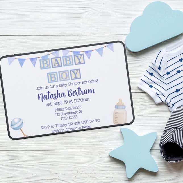 Baby Boy Blocks, Blå Akvarell Baby Shower Inbjudningar (Skapare uppladdad)