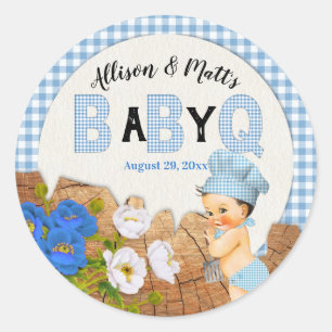 Baby Boy Blu Gingham Trä Blommig Baby Q BBQ Classi Runt Klistermärke