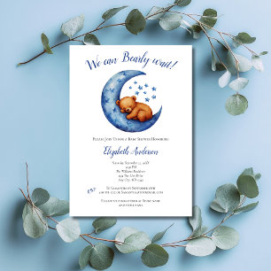 Baby Boy Blue Bear Moon Bearly Wait Baby Shower Inbjudningar